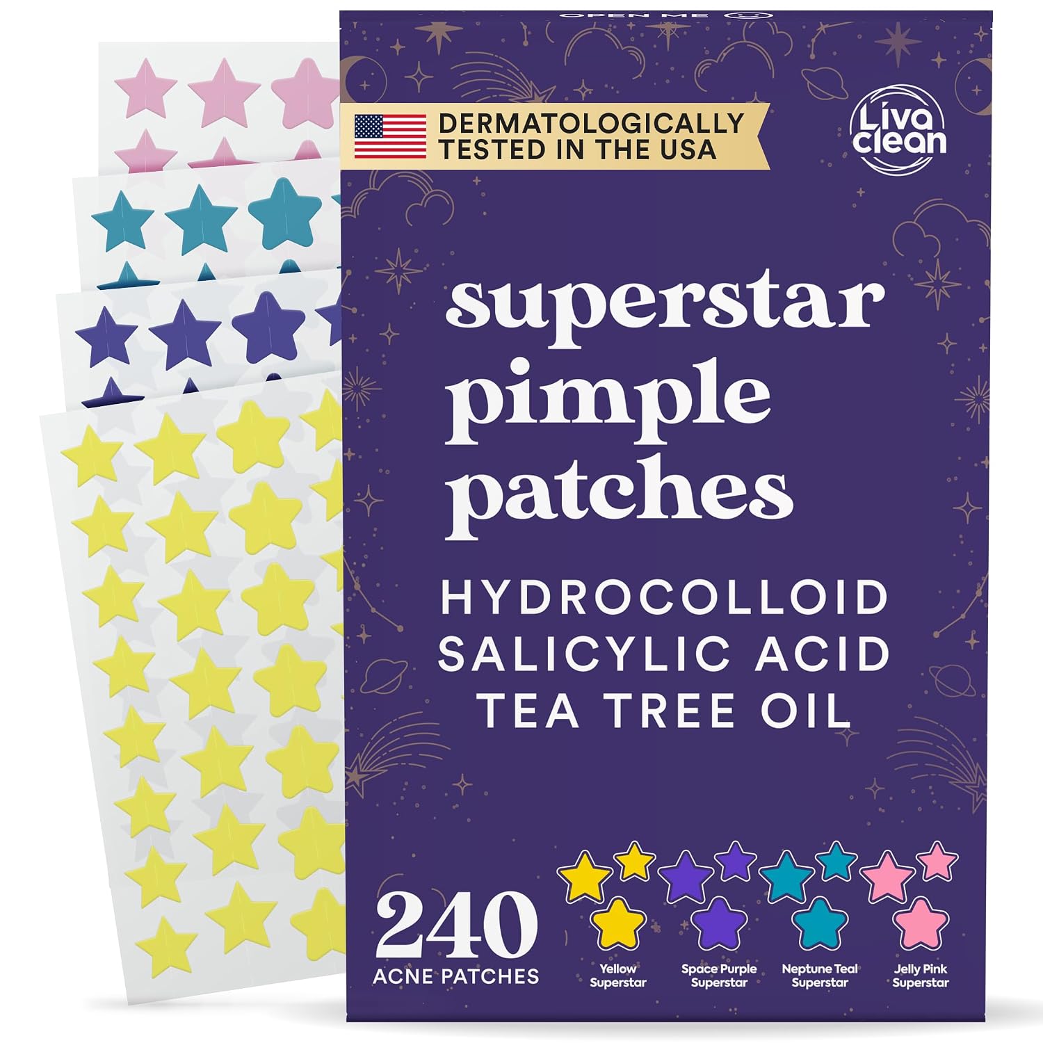Livaclean 240CT Star Pimple Patches for Face w/ Hydrocolloid, Tea Tree oil & Salicylic Acid - Zit Stickers, Hydrocolloid Acne Patches for Face - Cute Pimple Patch, Acne Stickers