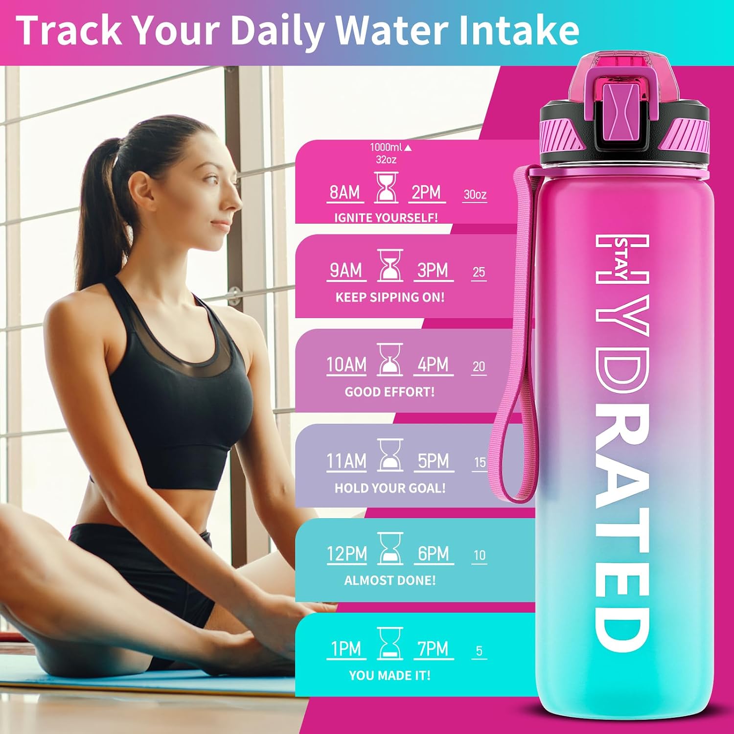 QLUR Water Bottle with Straw, 32oz Sports Water Bottles with Time Marker - Image 2