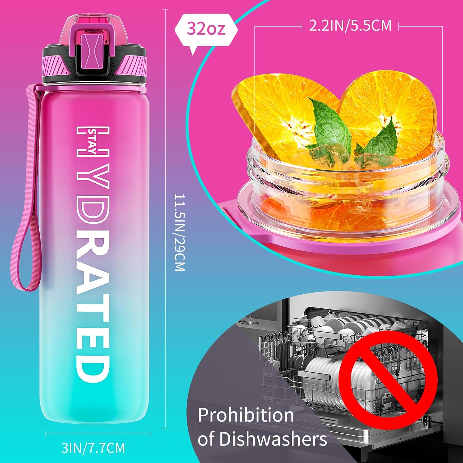 QLUR Water Bottle with Straw, 32oz Sports Water Bottles with Time Marker - Image 6
