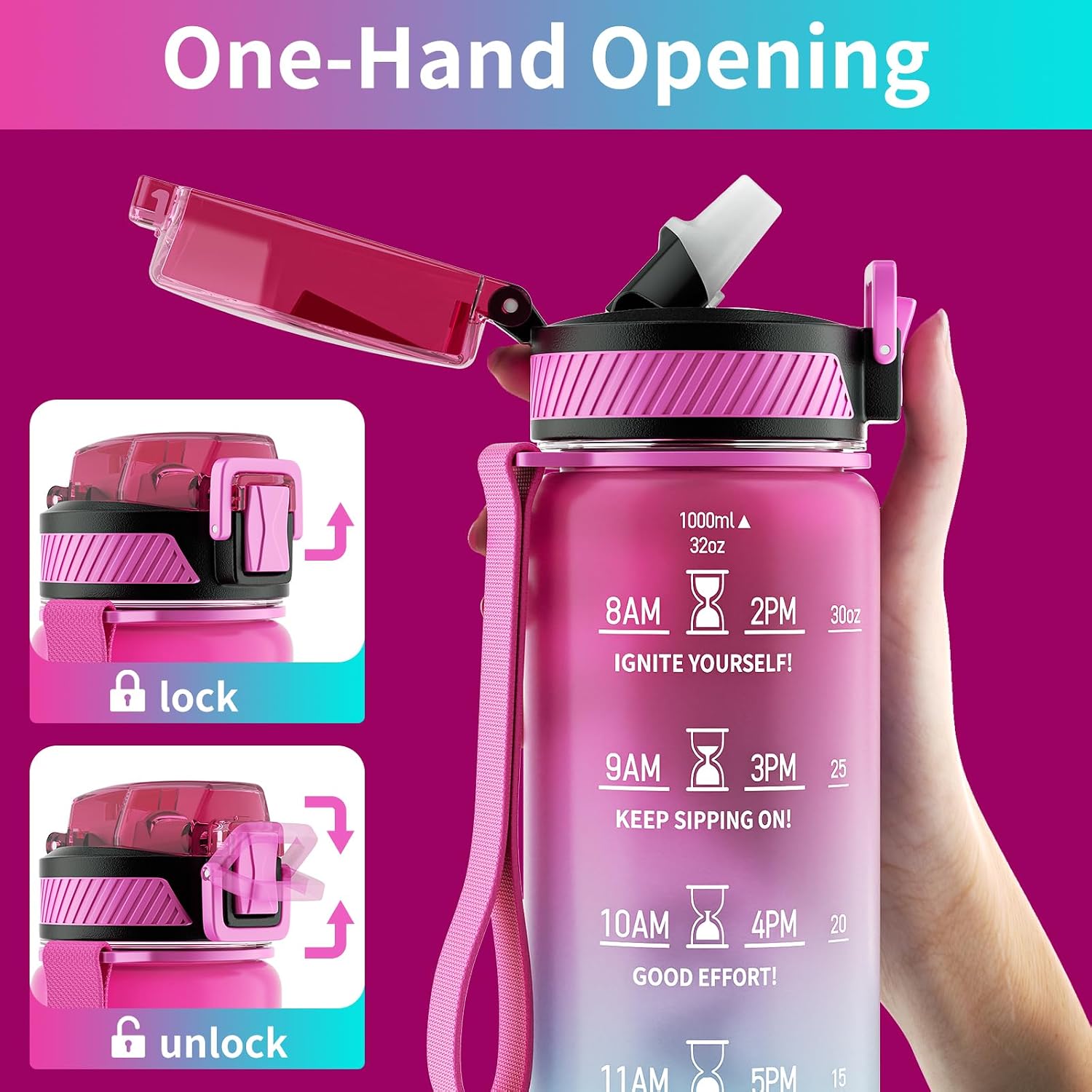 QLUR Water Bottle with Straw, 32oz Sports Water Bottles with Time Marker - Image 3