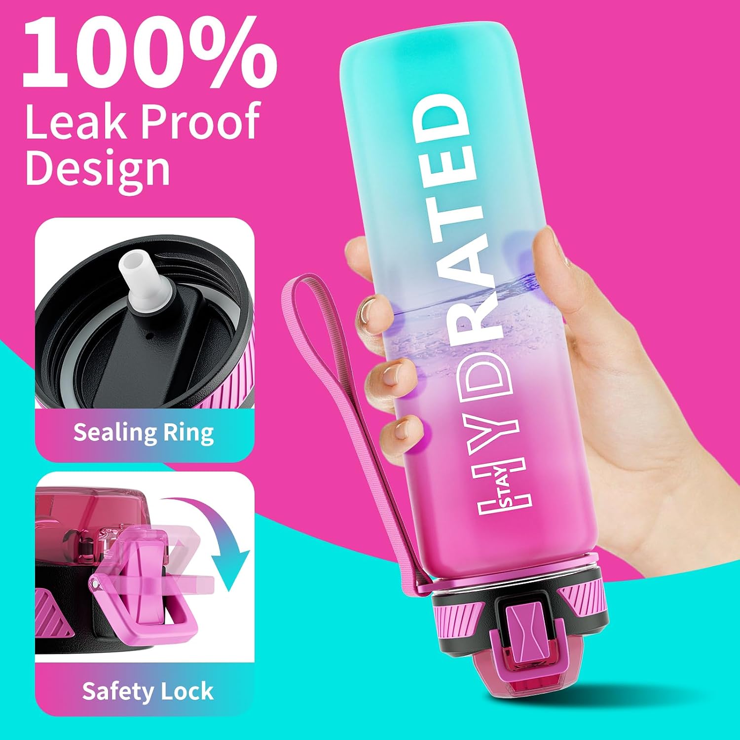 QLUR Water Bottle with Straw, 32oz Sports Water Bottles with Time Marker - Image 4