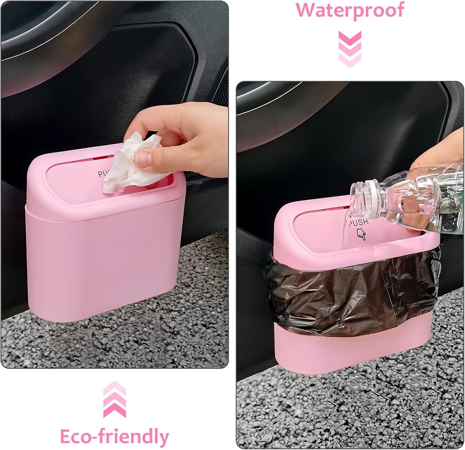 Accmor Car Trash Can with Lid, Vehicle Trash Bin Car Dustbin Garbage Organizer Holder with One Roll Trash Bag, Portable Hanging Mini Leakproof Cars Storage Bag Container for Auto, SUV, Office (Pink) - Image 6